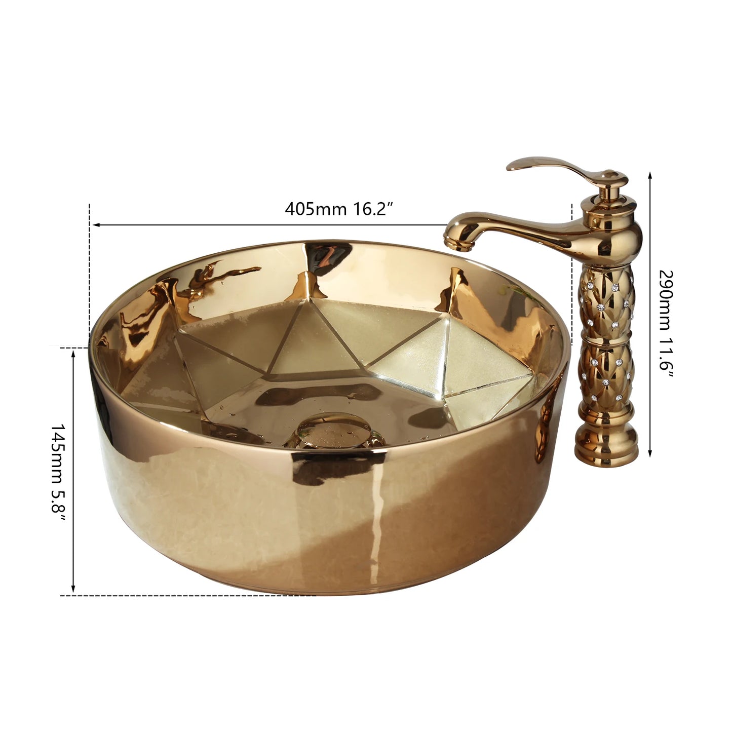 JIENI Bathroom Golden Plated Ceramic Round Combine Faucet Set Diamond Setting Lavatory Washbasin Sink Mixer Faucet w/ Pop Drain