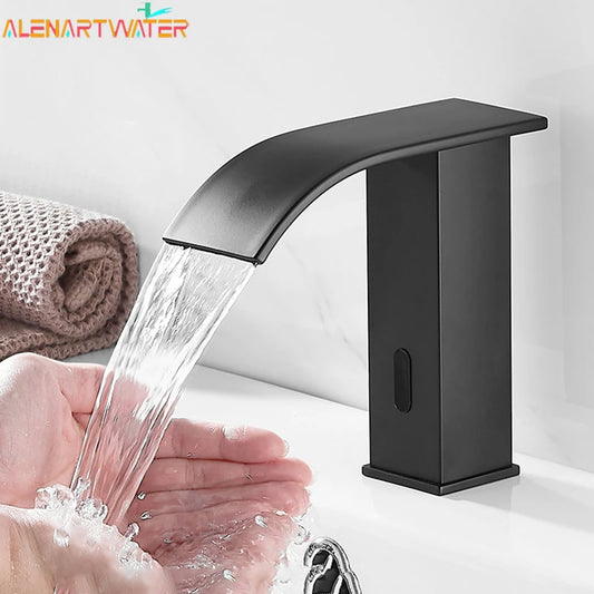 Luxury Matte Black Sensor Bathroom Faucet Cold and Hot Deck Mounted Tap Short and Tall Sink Mixer