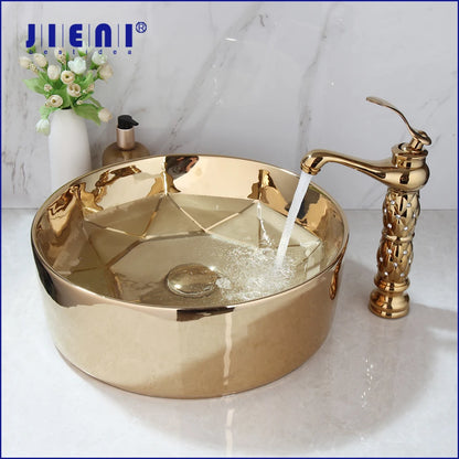 JIENI Bathroom Golden Plated Ceramic Round Combine Faucet Set Diamond Setting Lavatory Washbasin Sink Mixer Faucet w/ Pop Drain