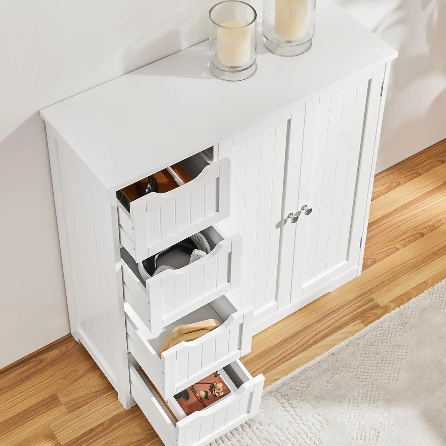 Wooden bathroom cabinet with 4 drawers and double doors, bathroom furniture and home decoration, white