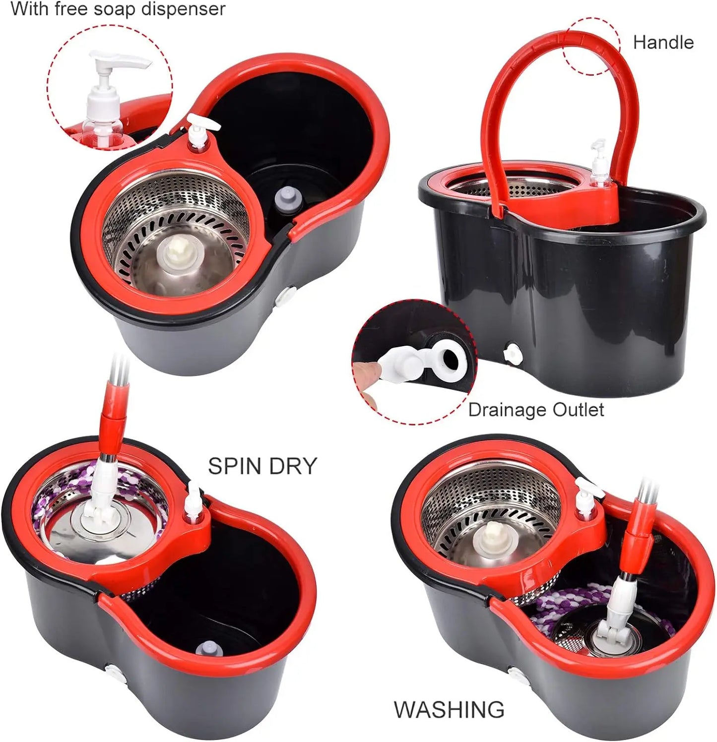 360° Spin Mop Bucket Sets with Wring System in 3 Microfiber Heads, Stainless Steel Basket 61" Extended Handle Floor Cleaning