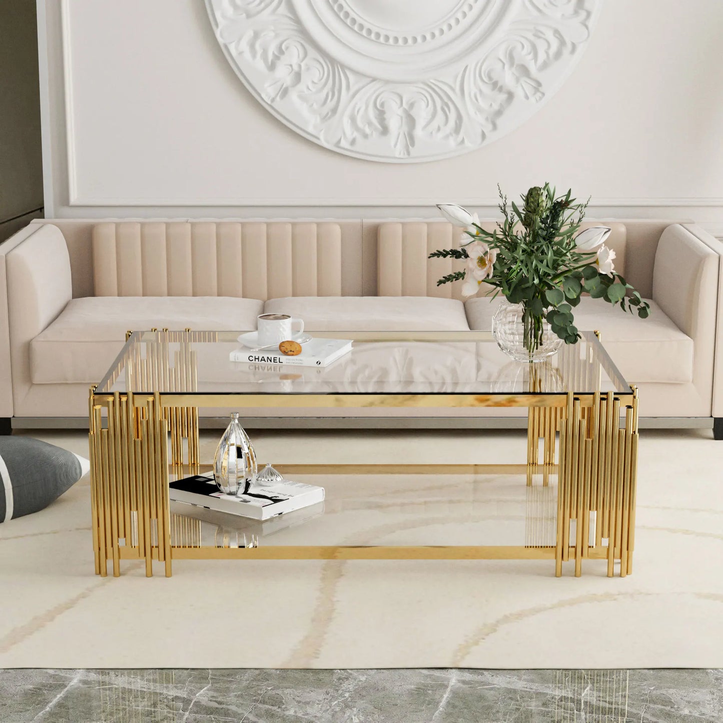 Stainless Steel Rectangle Glass Coffee Table for Living Room 51.18" Modern Center Table with Clear Tempered Glass 8mm Gold Leg