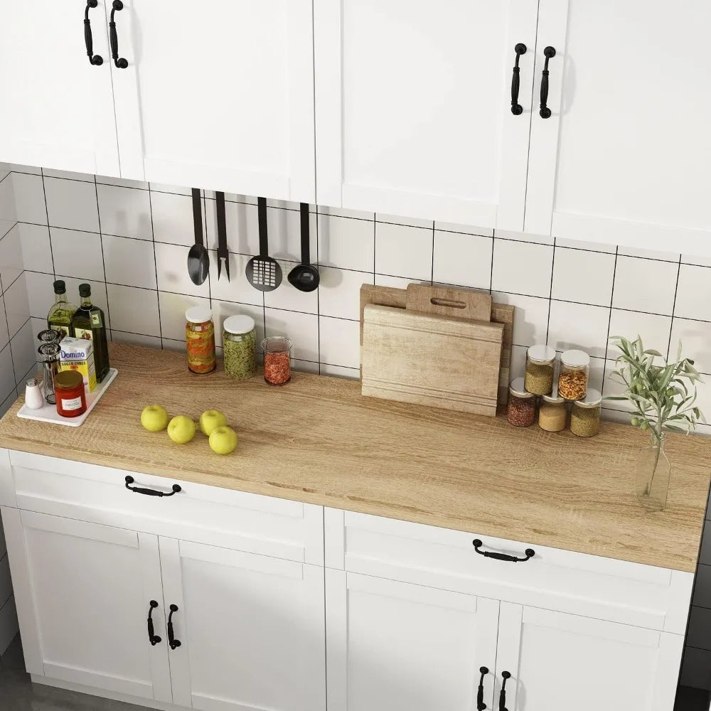 Wall-Mounted Kitchen Pantry with Countertop, with Drawers & Doors, Sufficient Storage, Thickened MDF Board, Kitchen Cabinets