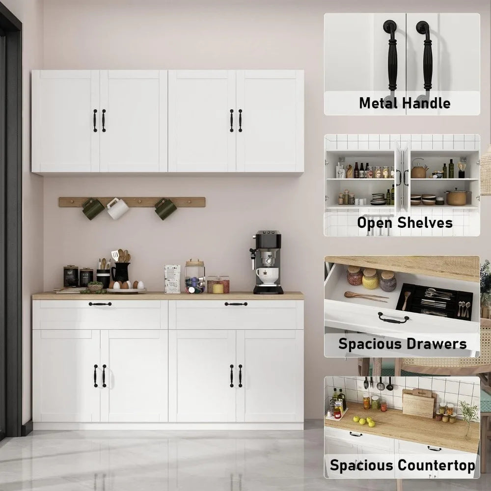 Wall-Mounted Kitchen Pantry with Countertop, with Drawers & Doors, Sufficient Storage, Thickened MDF Board, Kitchen Cabinets