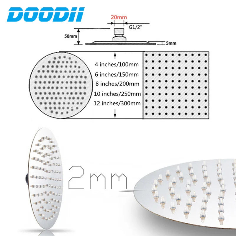 DOODII Removable Shower Heads Stainless Steel Square Round Rainfall Shower Head High Pressure Handheld Bathroom Accessories