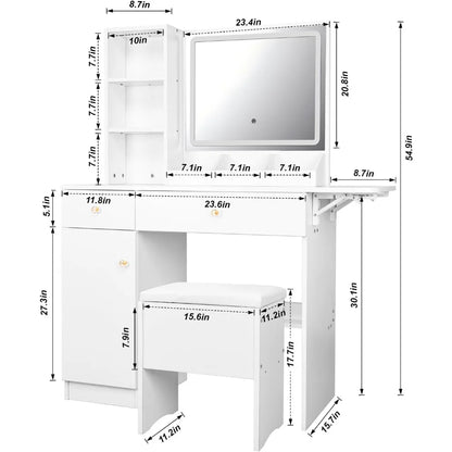 Dressing table with lights and mirrors,2drawers and a storage stool,3 lighting modes,for bedroom and bathroom use15.7Dx44Wx55.1H