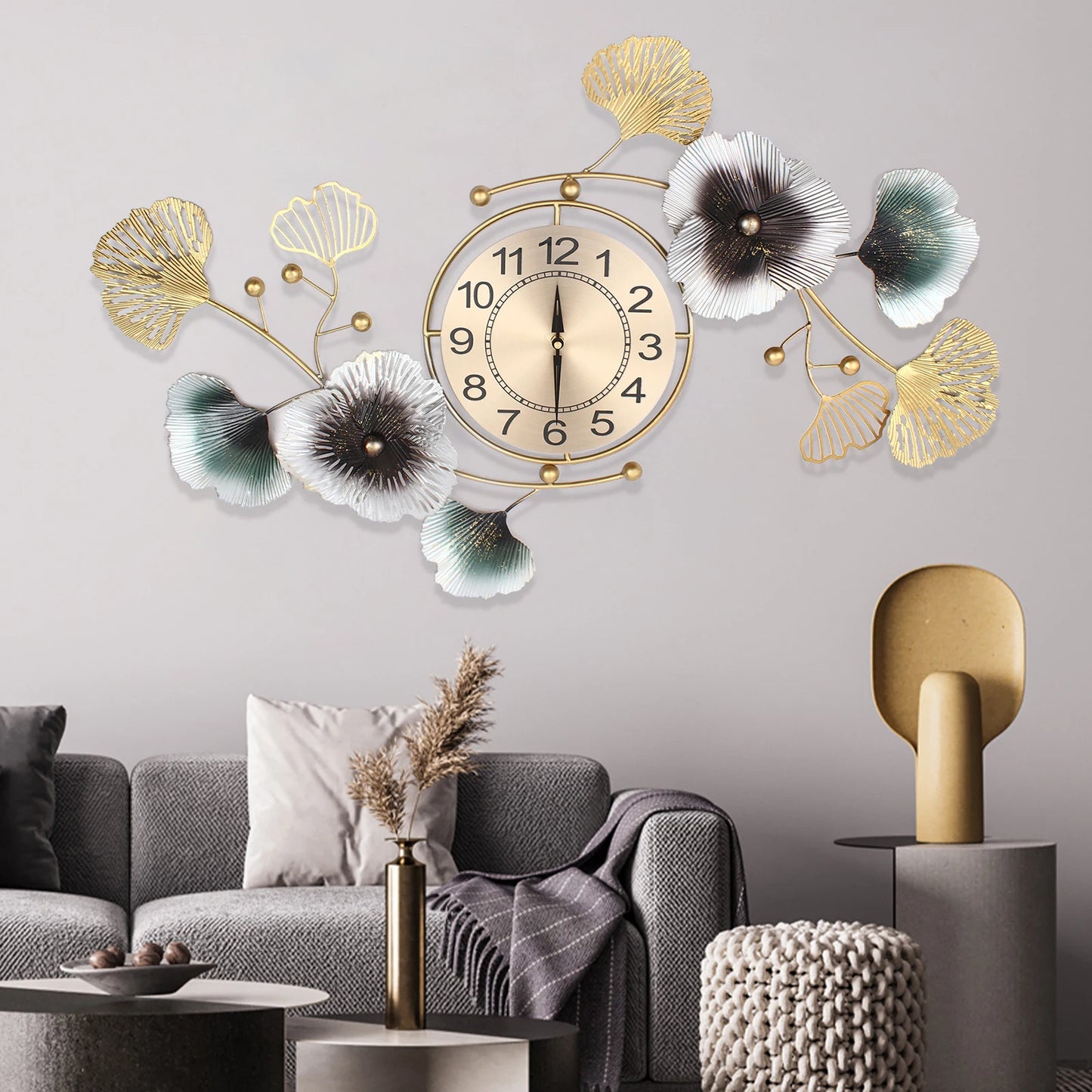 Wall Clock Modern Ginkgo Biloba Wall Clock Mute Large Wall Clock Home Living Room Decoration 90x45cm