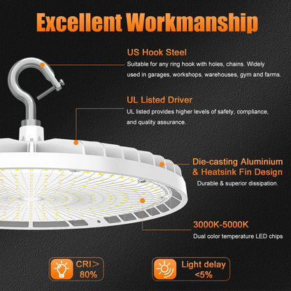 150W UFO LED High Bay Lights CCT Wattage Tunable IP65 Warehouse Shop Fixture UL DLC Listed