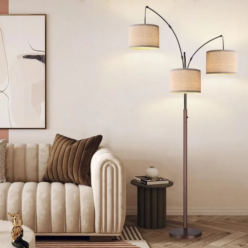 Dimmable Floor Lamp, 3 Lights Arc Floor Lamps for Living Room, Modern Tall Standing Tree Lamp with Gray Linen Shade