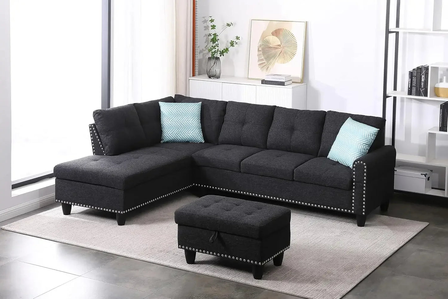 Sectional Sofa with Ottoman Living Room Furniture Set Left Facing Chaise, 2 Cup HoldersComfy Upholstered Sofa&Couch Corner