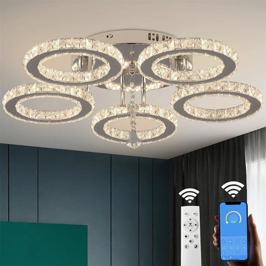 Modern Crystal Chandelier with App Dimmable Ceiling Light Fixture Rings Shape Flush Mount Chandelier for Bedroom Living Room