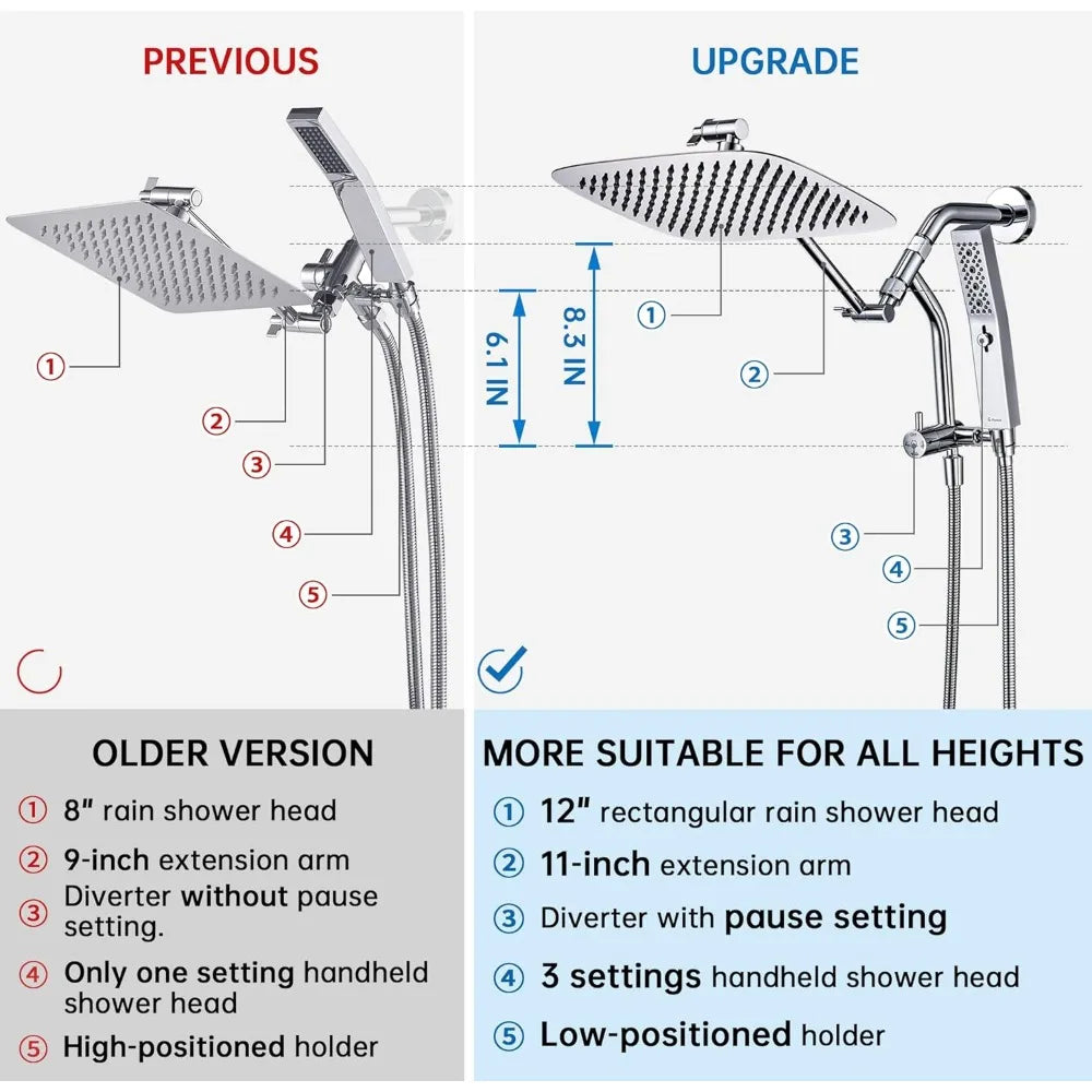 All Metal 12 Inch Shower Head with Massage Mode Handhelde, Rain Shower Head with Handheld Spray Combo, 3-Way Diverter with Paus