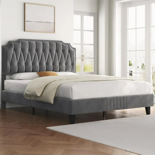 Velvet Upholstered Platform Bed with Curved Headboard.