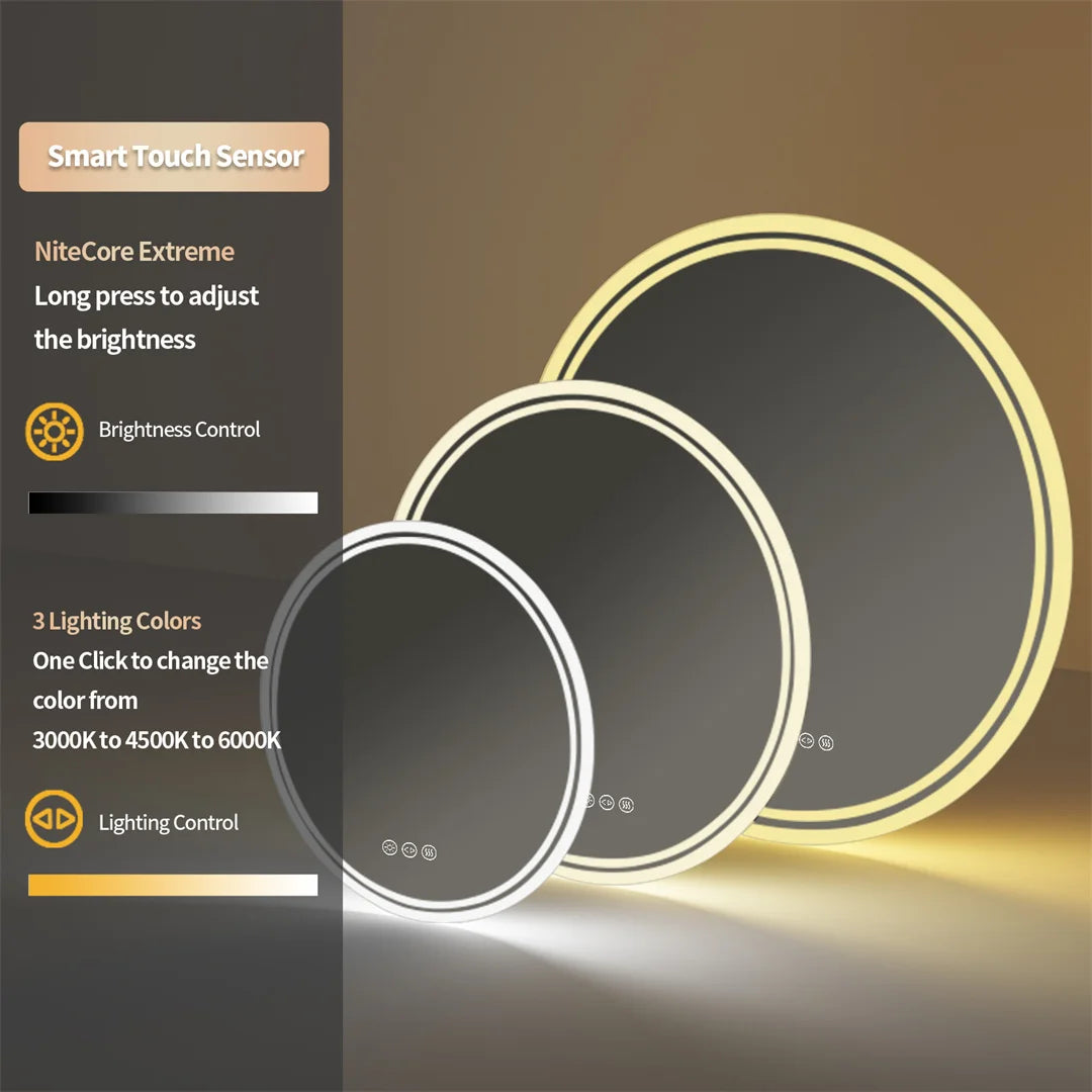 LUVODI Smart Illuminate Large Round Mirror for Bathroom Touch Screen Dimmable Anti-fog Bathroom LED Light Mirror