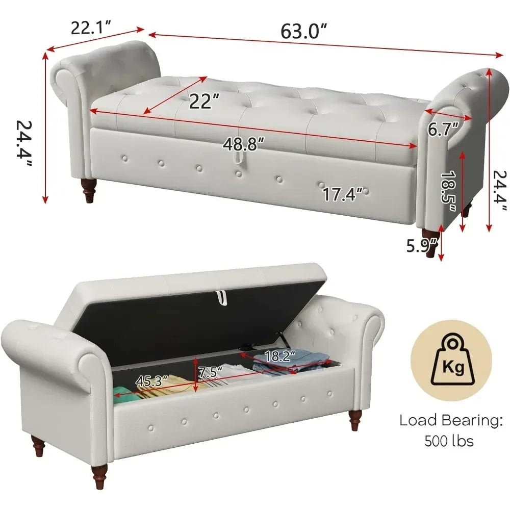 Storage Ottoman Bench, End of Bed Button Tufted Ottoman Bench, Rolled Armed Ottoman Couch Long Bench for Bedroom, Living Room