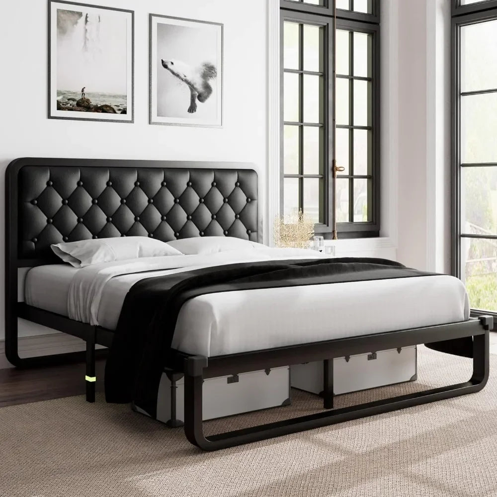 Bed frame, Upholstered Platform Bed Frame, with heavy duty steel slats, diamond tufted headboard