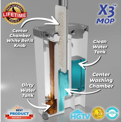 X3 Mop, Separates Dirty and Clean Water, 3-Chamber Design, Flat Mop and Bucket Set, Hands Free Home Floor Cleaning