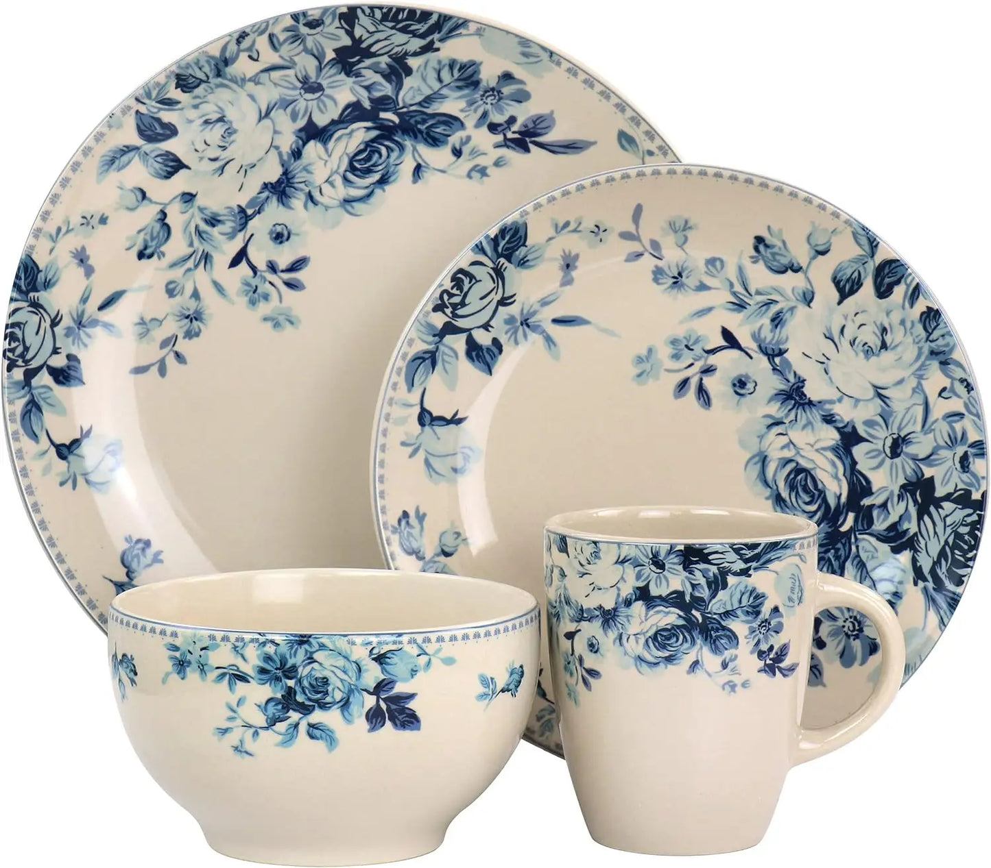 Traditional Dessert Rose 16 Piece Dinnerware Set, Desert with Blue Rose Accents