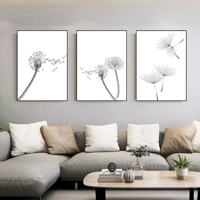 Dandelion Bathroom Black and White Floral Posters Prints Neutral Wall Art Botanical Canvas Painting Living Home Bedroom Decor