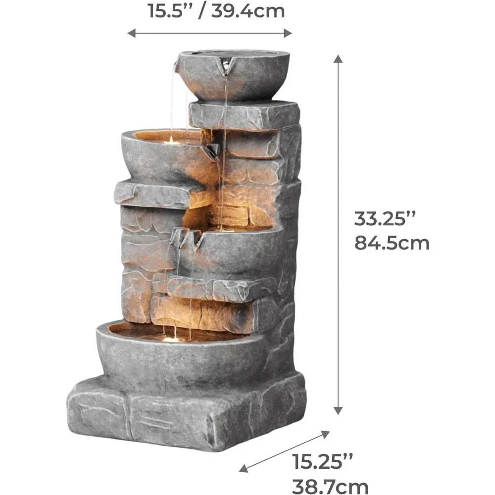 33.25 in. Cascading Bowls and Stacked Stones LED Outdoor Water Fountain for Gardens, Landscaping, Patios, Balconies