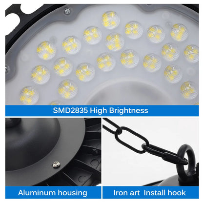 100W 150W 200W UFO LED High Bay Light UFO Industrial Light, High Lumen,No Fan,Garage Light, High Bay Shop Light, 4000K-6500K