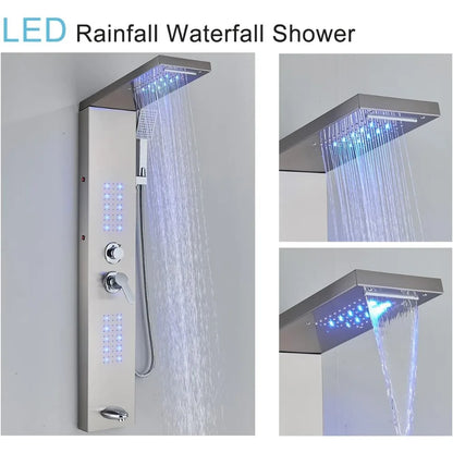 Shower Panel Tower System,LED Rainfall Waterfall Shower Head LED Large Area Massage Jets Tub Spout,Stainless Steel Bathroom