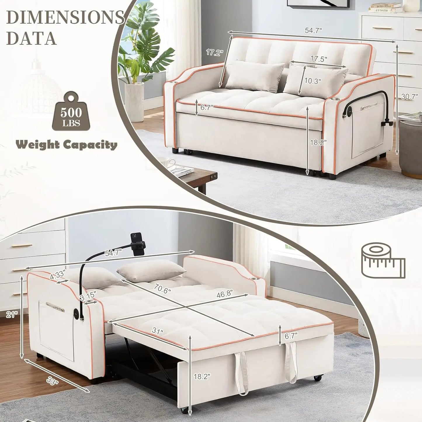 Velvet Convertible Couch Bed-Sofa: Charge, Relax, Sleep.