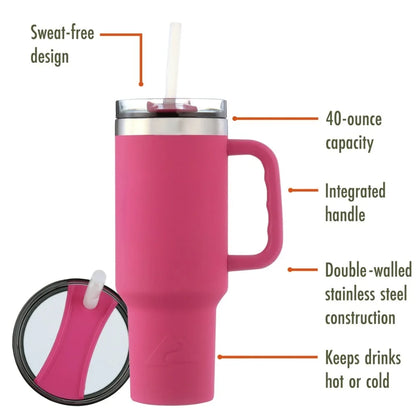 40 Oz Vacuumr-Insulated Stainless-Steel Tumble with Handle Hot Pink Double-walled Stainless-steel Construction