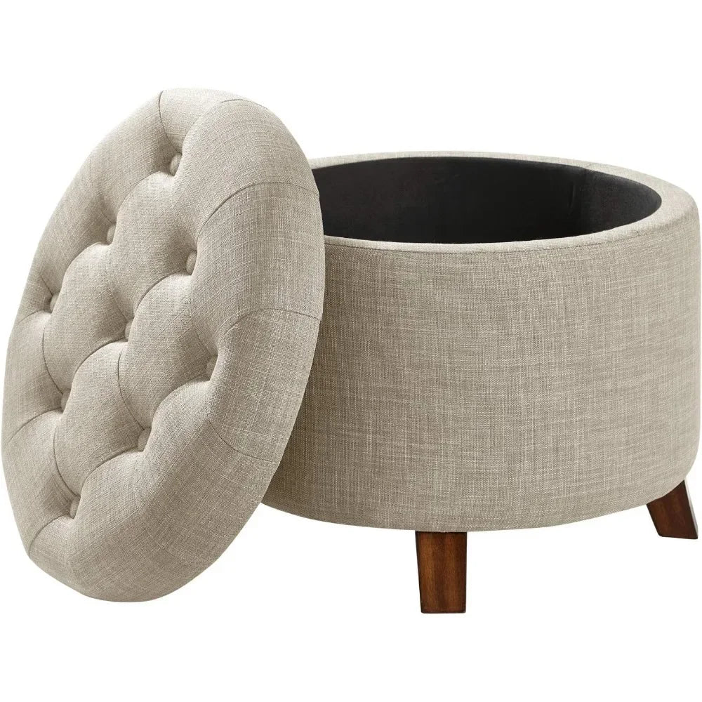 Upholstered Tufted Storage Round Ottomans, Burlap Beige, ‎20"W x 20"D x 17"H Footstool for Living Room,Bedroom,Office Ottoman