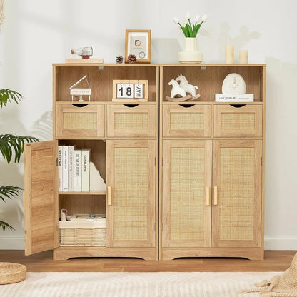 Iwell Storage Cabinet, Rattan Cabinet with 2 Drawers and Adjustable Shelves, Cupboard, Floor Cabinet with Doors for Living Room