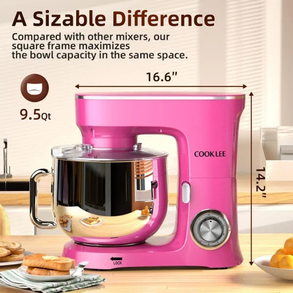 COOKLEE Stand Mixer, 9.5 Qt. 660W 10-Speed Electric Kitchen Mixer with Dishwasher-Safe Dough Hooks, Flat Beaters