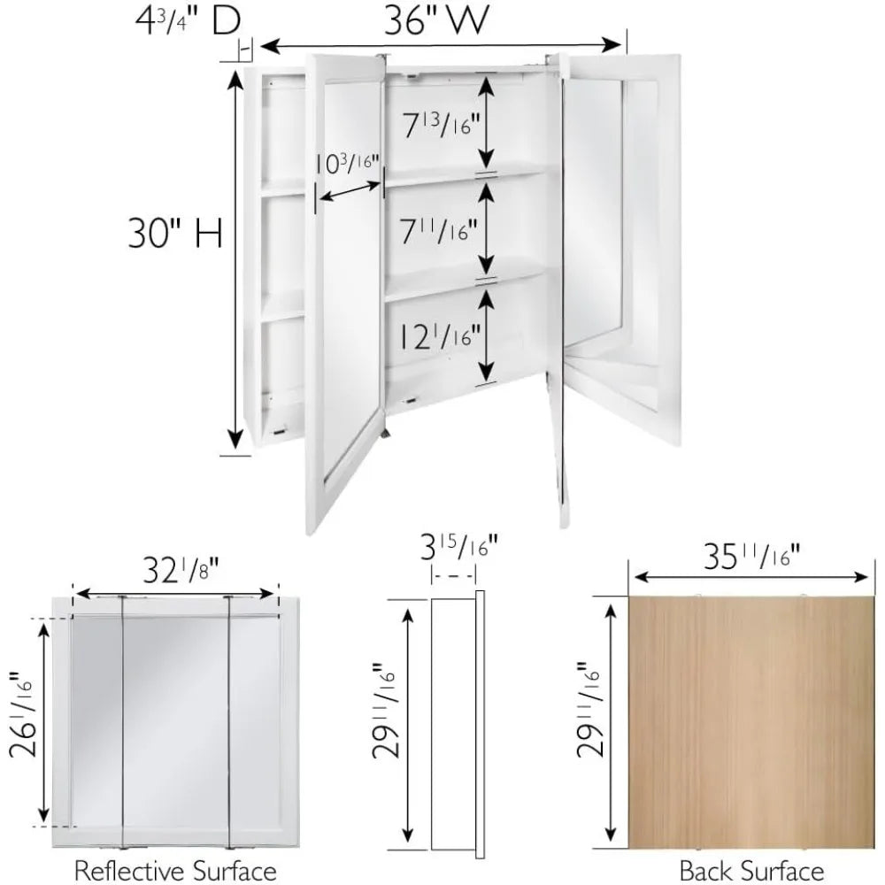 Mirror Cabinet, Durable White Assembly Frame, Bathroom Wall Cabinet with Mirrored Doors, 36" – 4.75" x 36" x 30", White