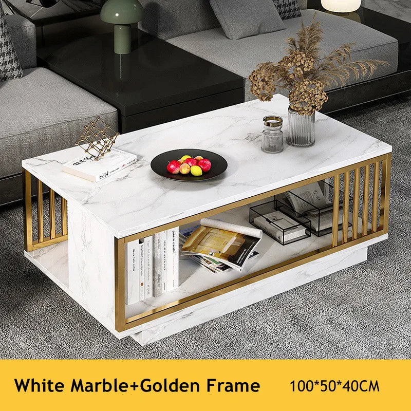 Modern 2-Tier White+Gold Coffee Table High Gloss Marble Veneer Rectangle Living Room Furniture, Waiting Area Table