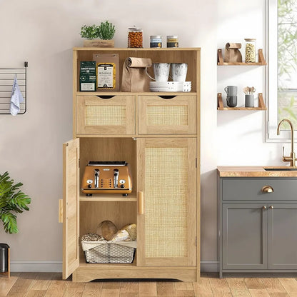 Iwell Storage Cabinet, Rattan Cabinet with 2 Drawers and Adjustable Shelves, Cupboard, Floor Cabinet with Doors for Living Room