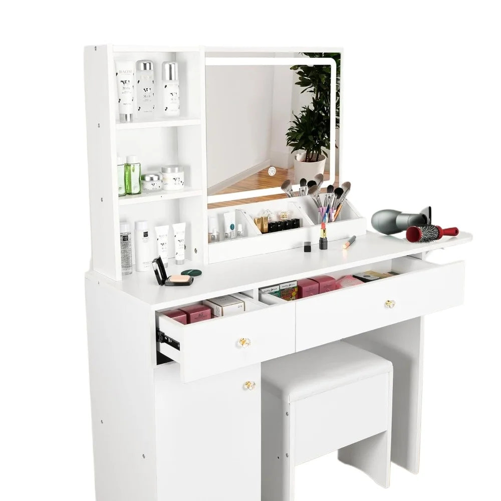 Dressing table with lights and mirrors,2drawers and a storage stool,3 lighting modes,for bedroom and bathroom use15.7Dx44Wx55.1H