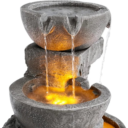 33.25 in. Cascading Bowls and Stacked Stones LED Outdoor Water Fountain for Gardens, Landscaping, Patios, Balconies