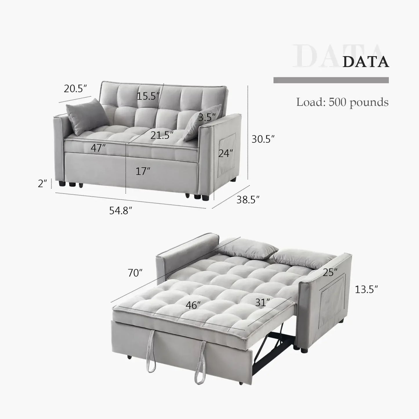 Convertible Sleeper Sofa Bed | Modern Pullout Couch with Adjustable Backrest | Loveseat Futon