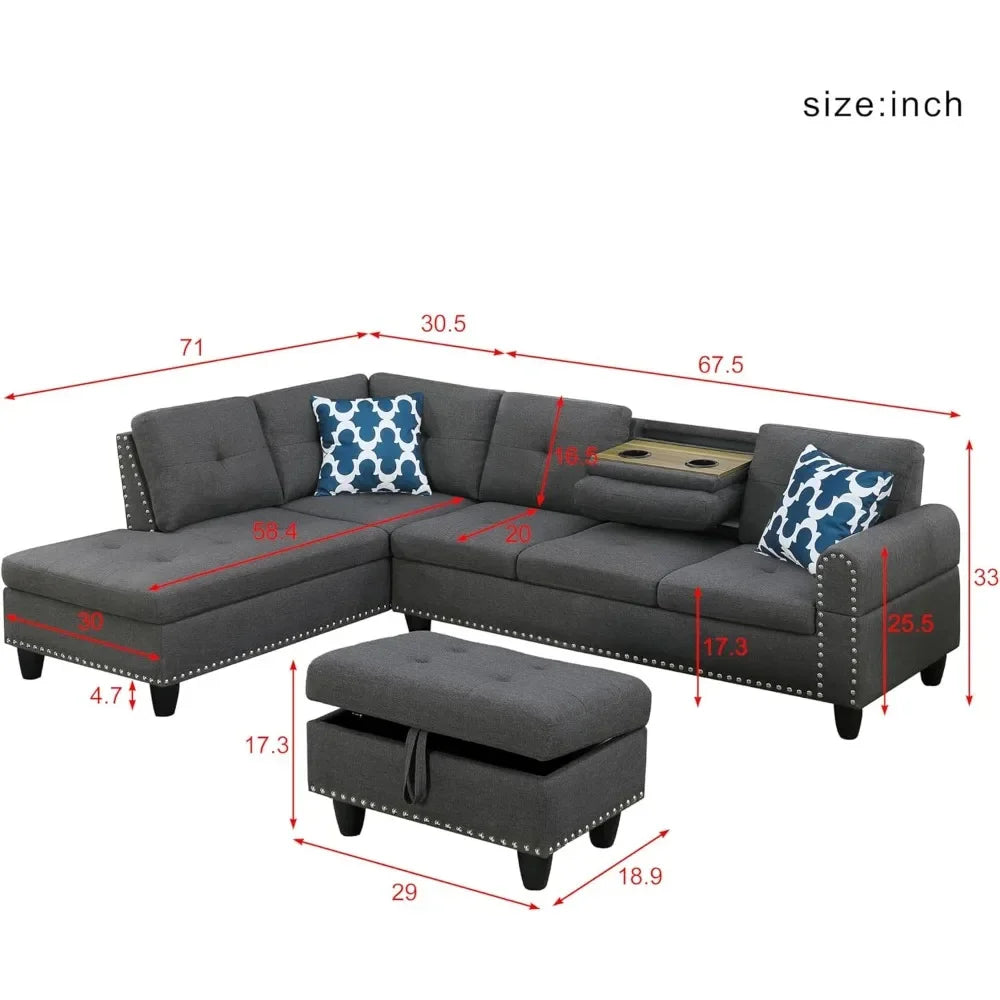 Living Room Sofas,Convertible Sectional Sofa with Storage, 4 Seat L Shaped Couch with Chaise and Cup Holder, Livings Room Sets