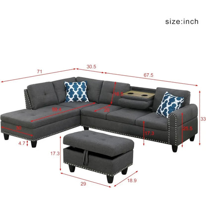 Living Room Sofas,Convertible Sectional Sofa with Storage, 4 Seat L Shaped Couch with Chaise and Cup Holder, Livings Room Sets