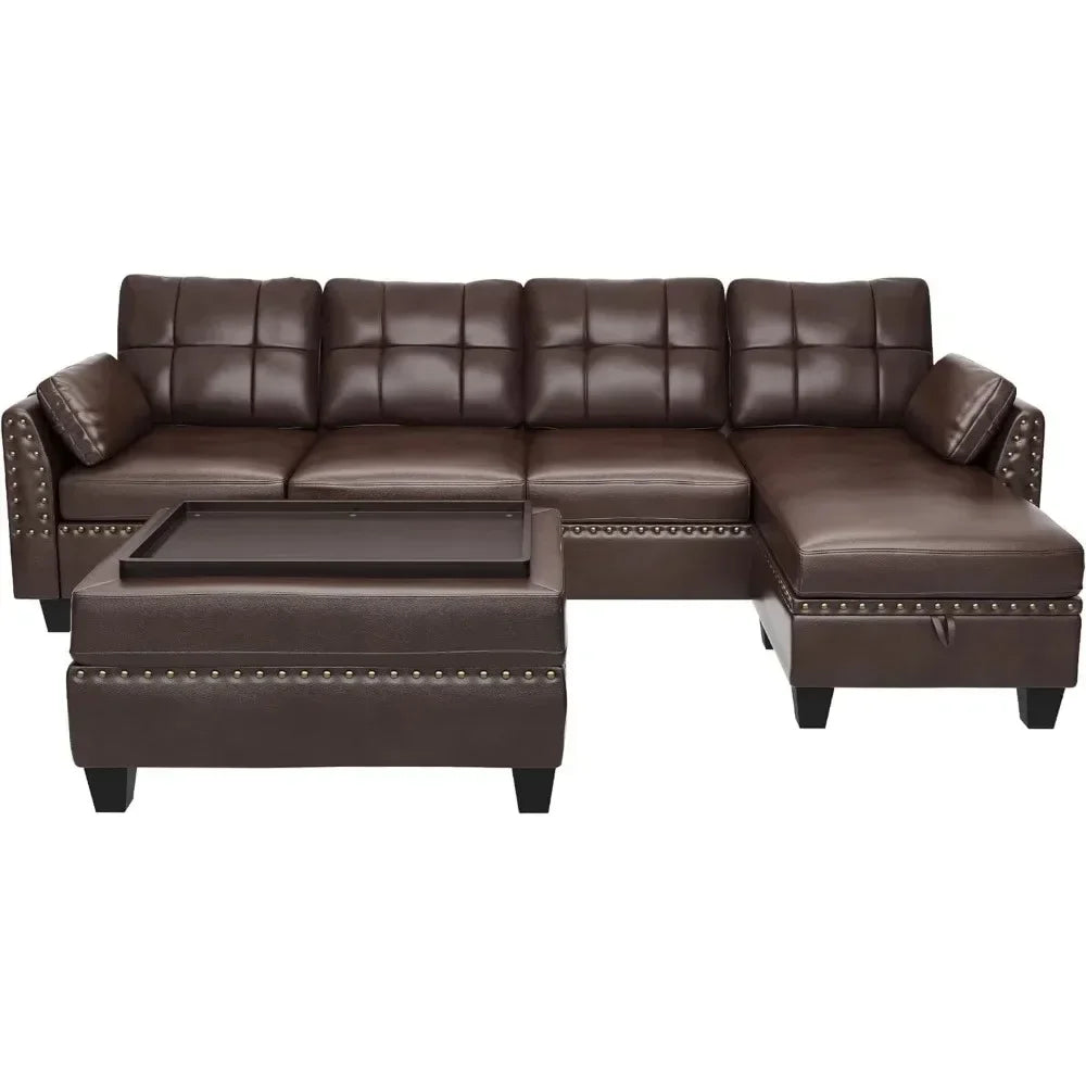 Leather Sectional Sofa with Ottoman - Easy Assembly, Storage Space,Living Room Sofa