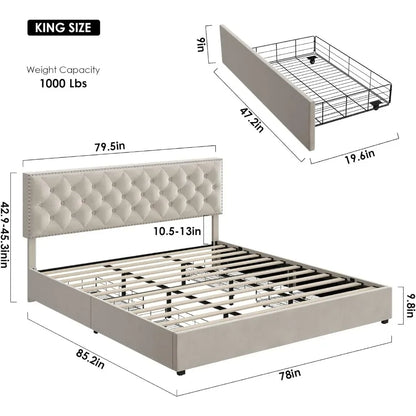 King Size Bed Frame with 4 Storage Drawers, Modern Upholstered Platform Bed with Wood Slat Support,No Box Spring Needed(Beige)