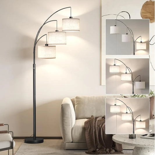 3 Lights Floor Lamp for Living Room, 78" Tall Standing Lamp with Hanging Drum Shade, Modern Arc Floor Lamps with Heavy Base