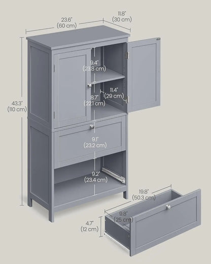 Bathroom Floor Storage Cabinet, Bathroom Storage Unit, Freestanding Cabinet with 2 Drawers and 2 Doors, Adjustable Shelf