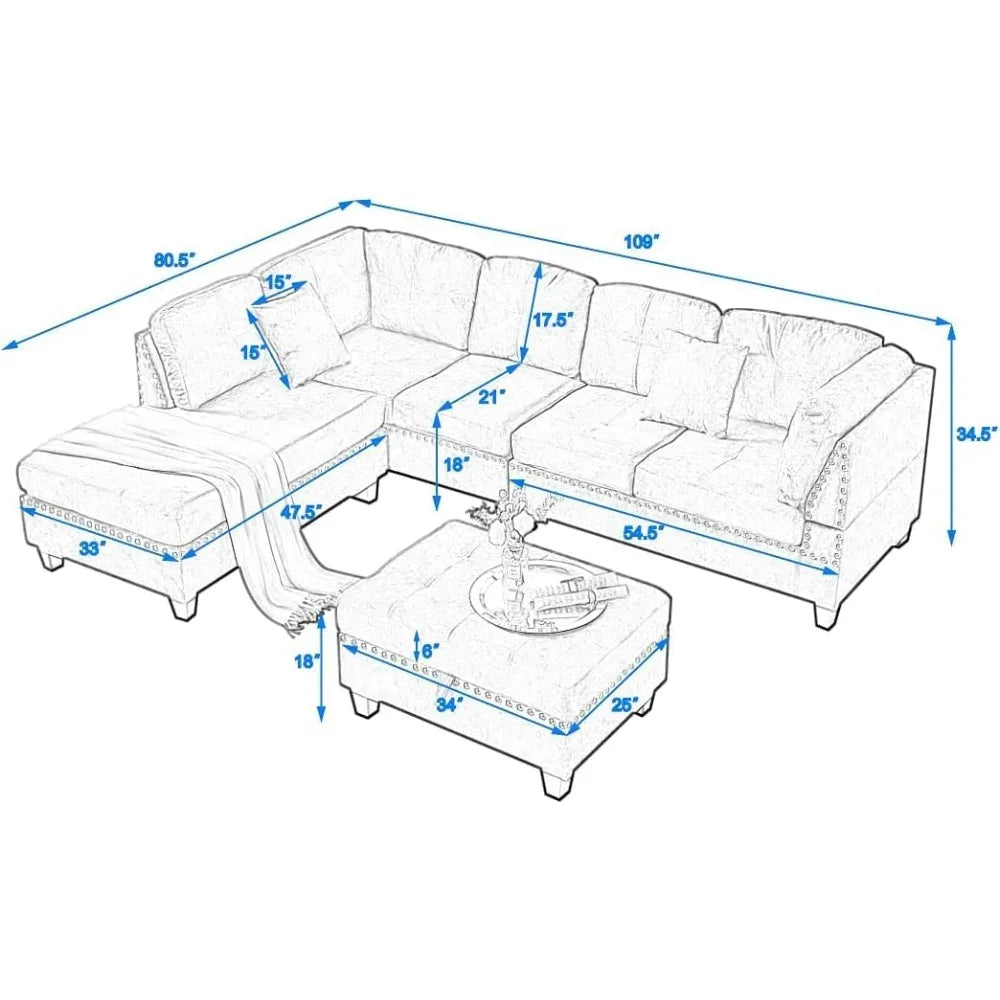 Living Room Furniture Sets,Sectional Sofa with Storage Ottoman,L-Shaped 2 Pillows&Extra Wide Reversible Chaise,