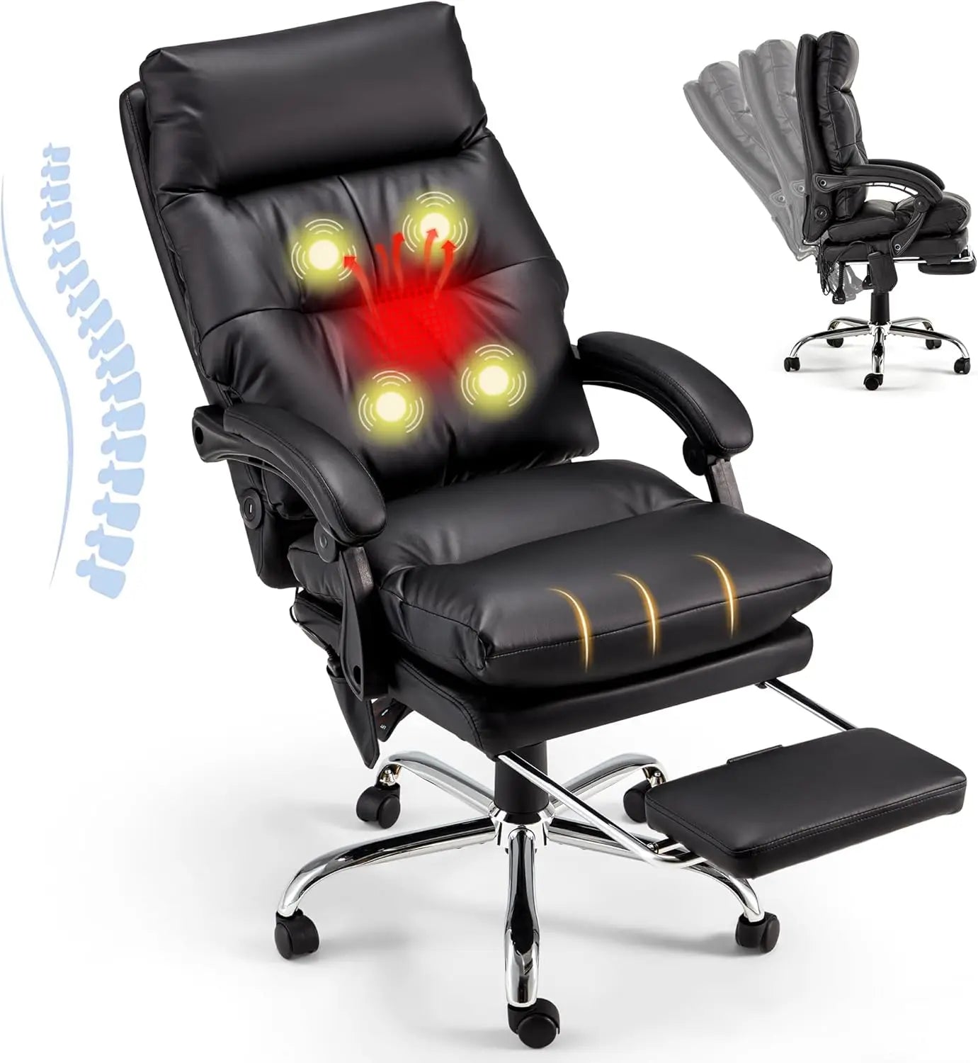 Executive Office Chair, PU Leather Reclining Office Chair with USB and Massage, Heated Office Chair with Footrest