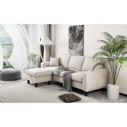 Convertible sectional sofa, upholstered 3-seater L-shaped sofa furniture set with reversible storage ottoman, living room pocket