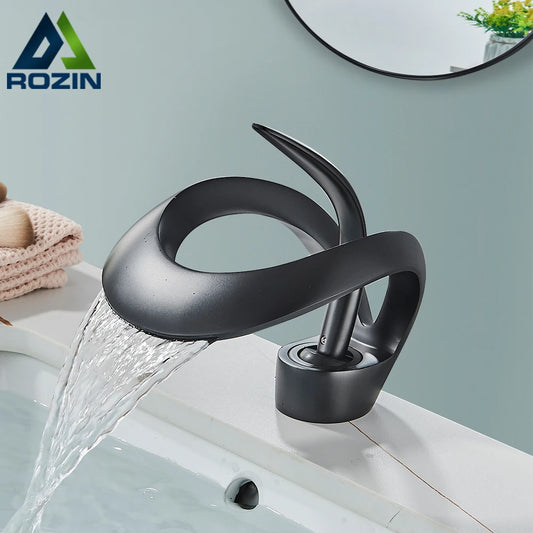 Rozin Luxury Black Basin Faucet Grey Bathroom Waterfall Mixer Tap Brass Deck Mount Modern Style Hot Cold Water Sink Mixer Crane