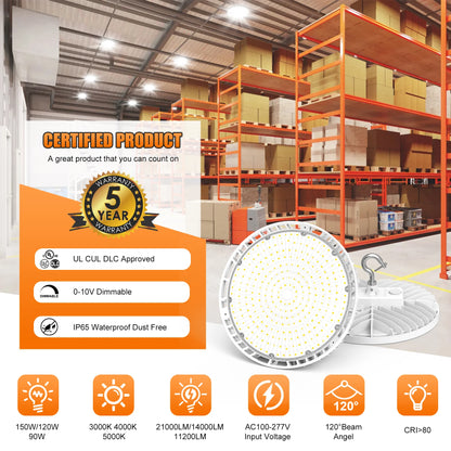 150W UFO LED High Bay Lights CCT Wattage Tunable IP65 Warehouse Shop Fixture UL DLC Listed