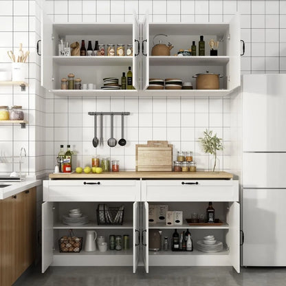 Wall-Mounted Kitchen Pantry with Countertop, with Drawers & Doors, Sufficient Storage, Thickened MDF Board, Kitchen Cabinets