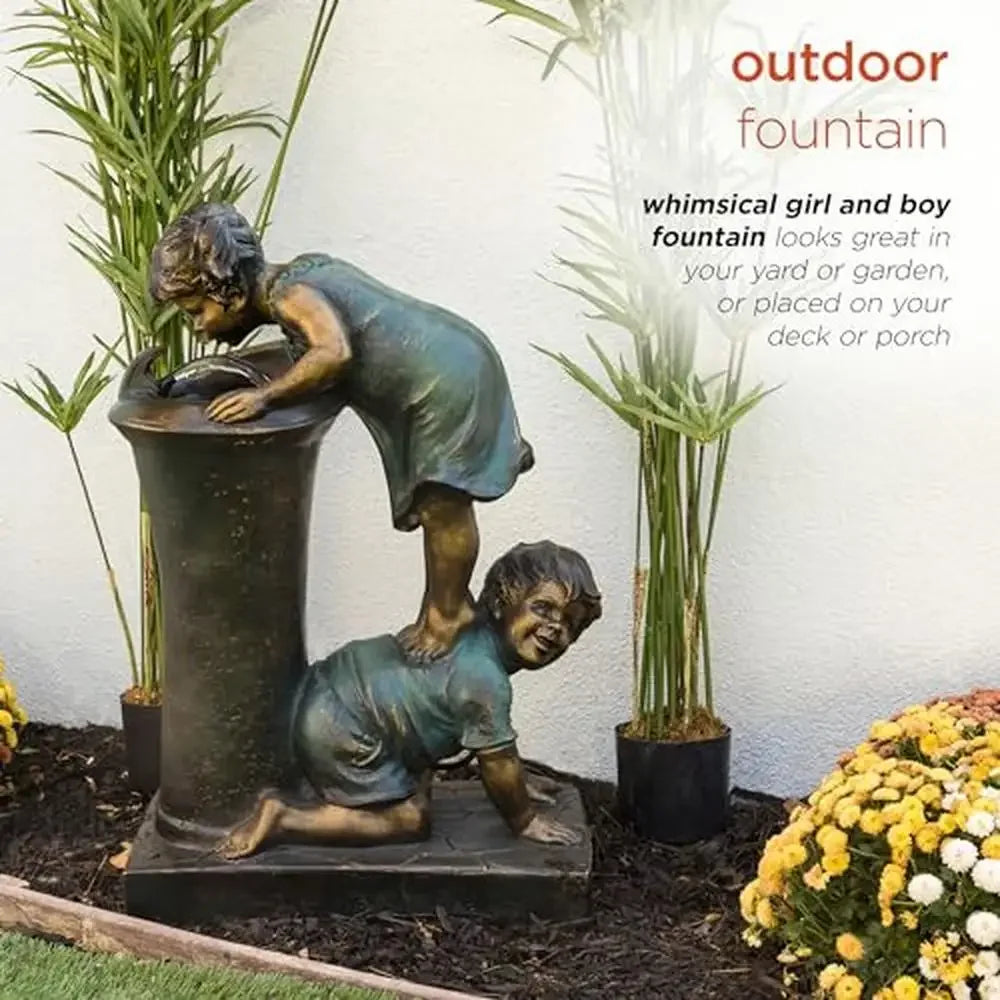 Outdoor Garden Waterfall Fountain Playful Boy and Girl Drinking Water Feature 27" Joyful Bronze Nostalgic Stone Decor Rust